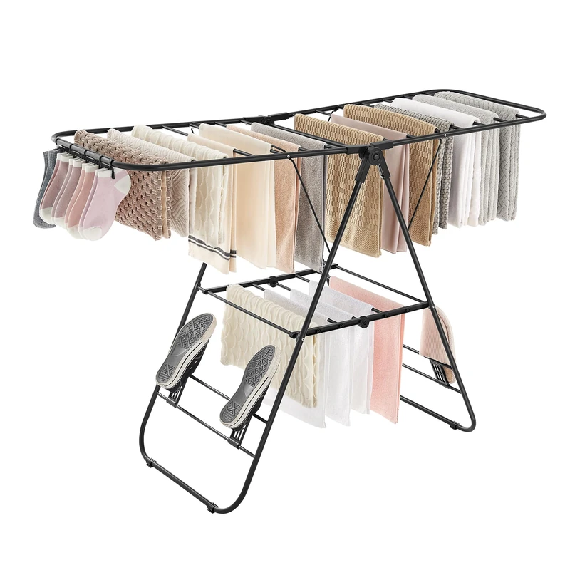 SONGMICS Clothes Airer, Foldable Clothes Drying Rack, Clothes Horse with Height-Adjustable Wings, Free-Standing Laundry Drying Rack, Indoor and Outdoor Use, Steel, Black LLR502B01