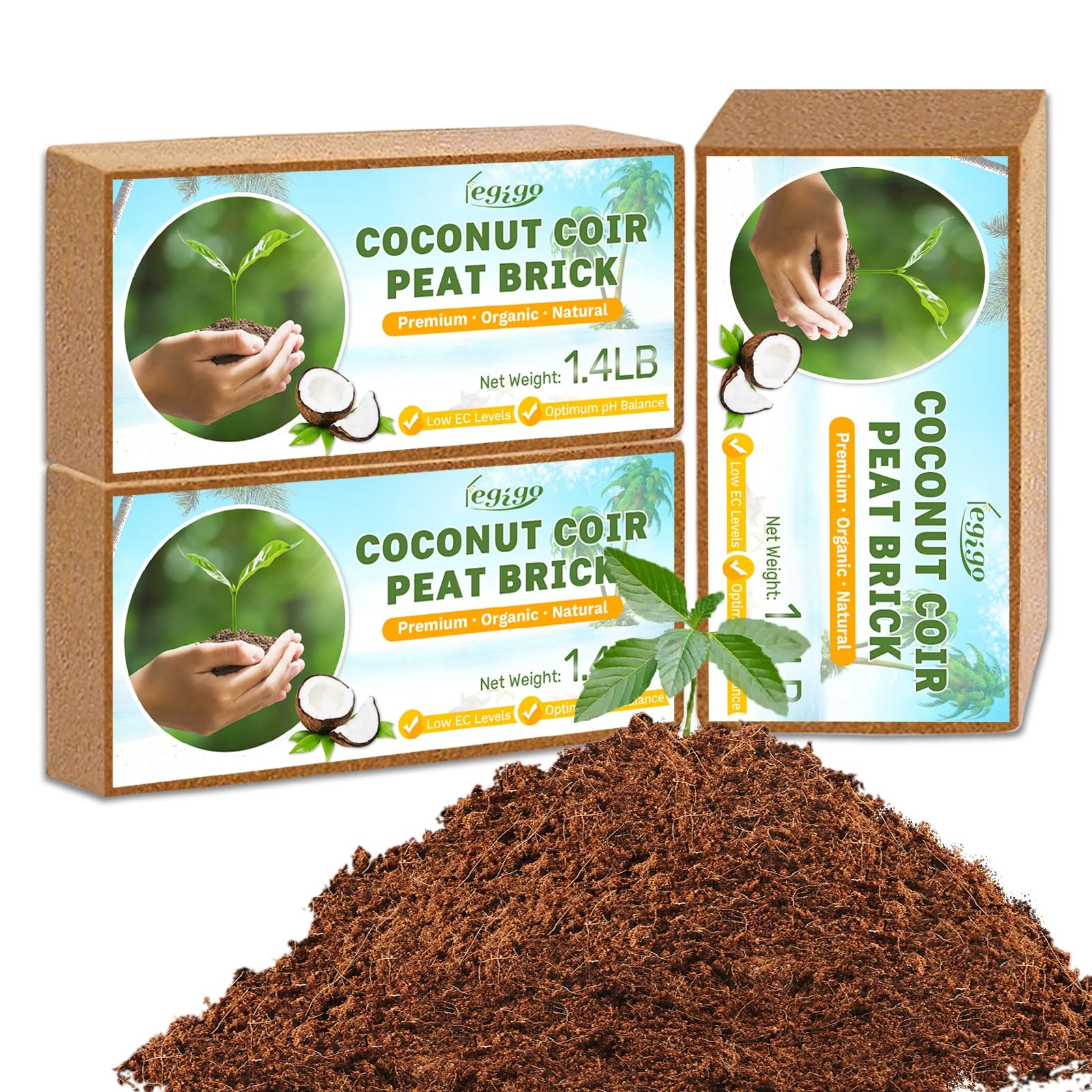 Legigo Pack of 3 Organic Coco Coir Bricks- 100% Natural Compressed Coco Peat Brick Coconut Fiber Substrate with Low EC& pH Balance, Coir Plant Soil Enhance Root Growth for Herbs, Flowers, House Plants