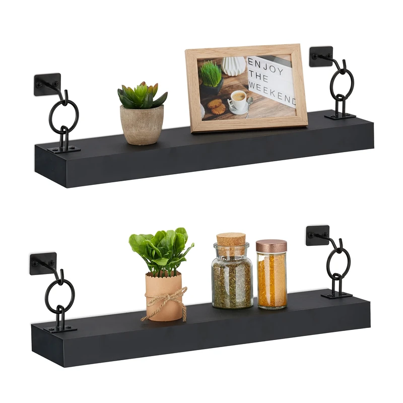 Relaxdays 2x Floating Shelves, Wall Storage for any Room, Hanging, Decorative, HWD: 13 x 48 x 12 cm, MDF & Metal, Black, Fibreboard