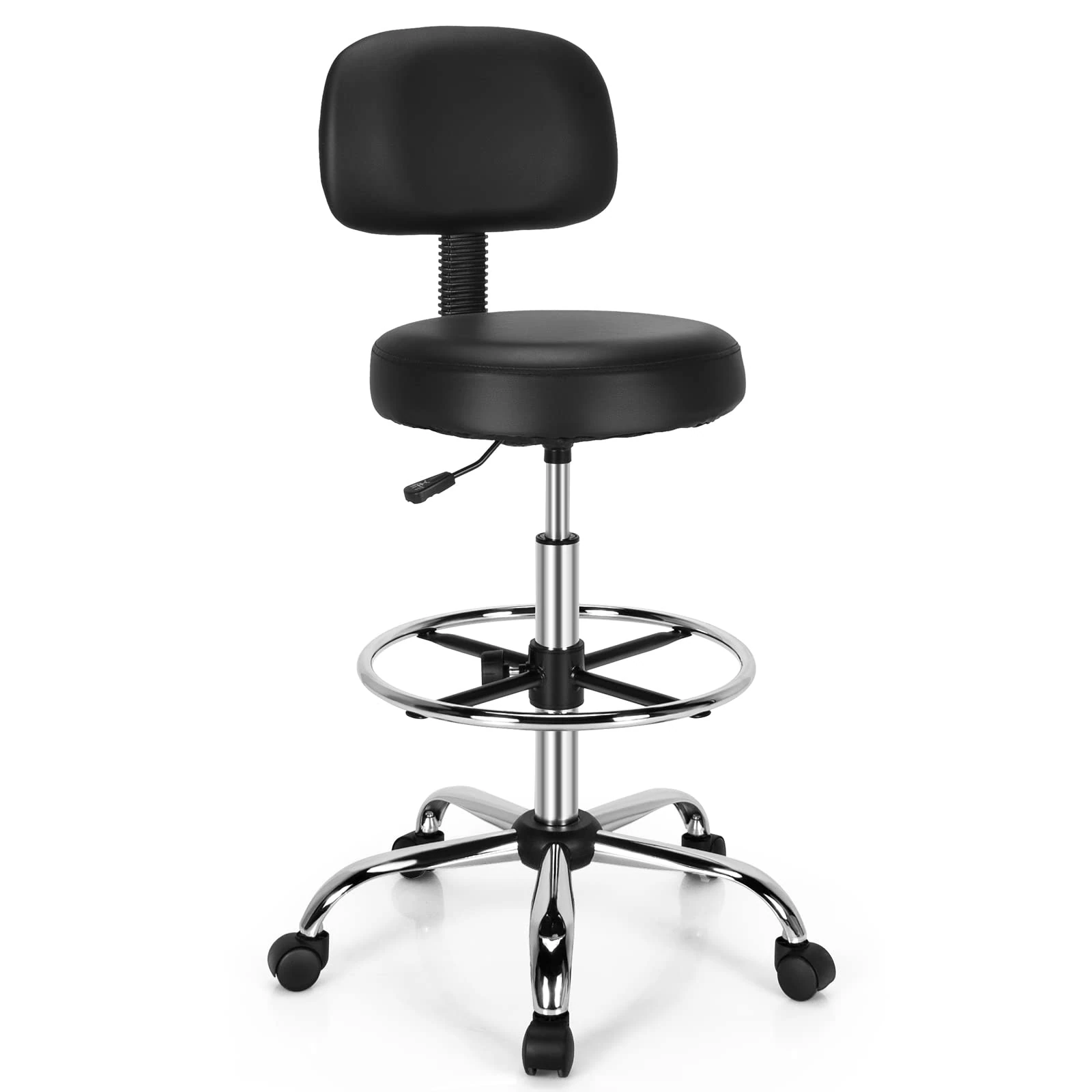 COSTWAY Ergonomic Drafting Chair, Height Adjustable Stool Swivel Office Chair with Backrest & Adjustable Footrest, Mid-Back Leather Padded Rolling Stool Task Desk Chair for Home Office Studio (1)