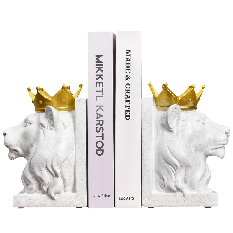 Kakizzy Decorative Lion Bookends - Modern Animal Book Stoppers for Heavy Books - White Lion Figurines