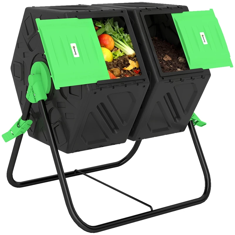 Outsunny Dual Chamber Garden Compost Bin, 130L Rotating Composter, Compost Maker with Ventilation Openings and Steel Legs, Green and Black