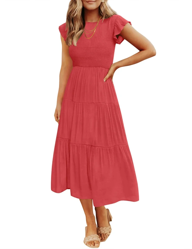 ZESICA Women's 2025 Summer Casual Flutter Short Sleeve Crew Neck Smocked Elastic Waist Tiered Midi Dress, Watermelonred, XS