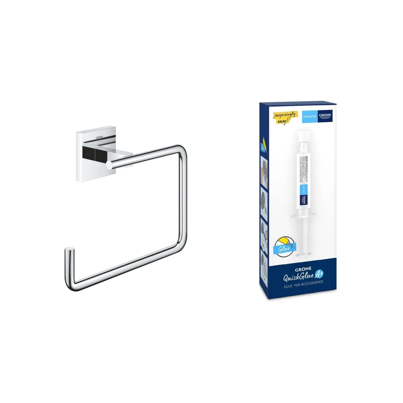 GROHE Start Cube Towel Ring with GROHE QuickGlue A1 – Bathroom Wall Mounted Towel Holder (Metal, Concealed Fastening, Including Screws and Dowels), Size 193 mm, Extra Easy to Fit, Chrome, 40975000