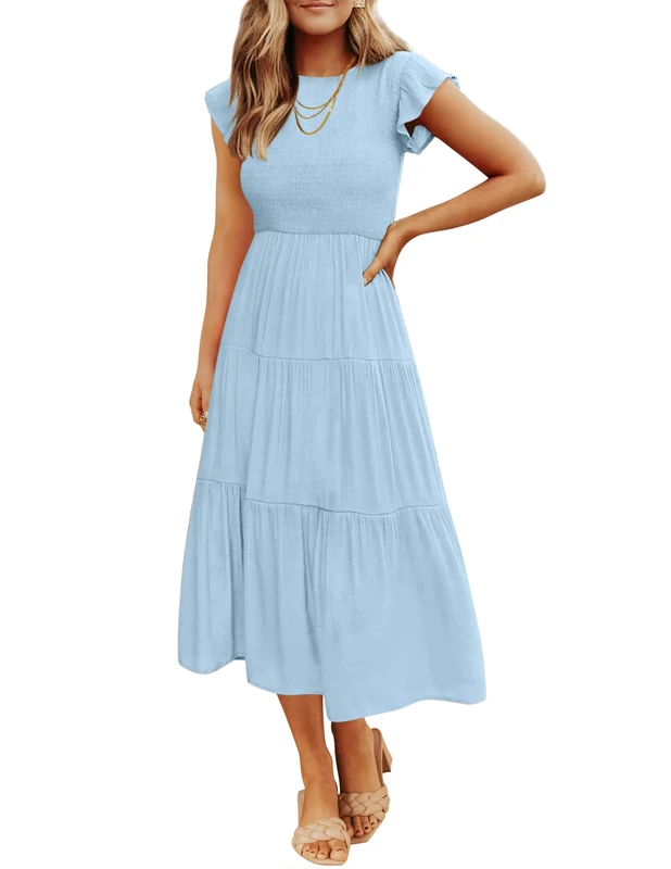 ZESICA Women's 2024 Summer Casual Flutter Short Sleeve Crew Neck Smocked Elastic Waist Tiered Midi Dress, Blue, XS