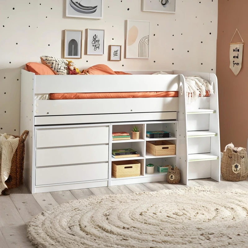 Julian Bowen Vespa Midsleeper - Kid's Bed with Pull Out Desk and Storage Shelves, Ideal for Children's Bedroom (116 x 196 x 97cm) - White
