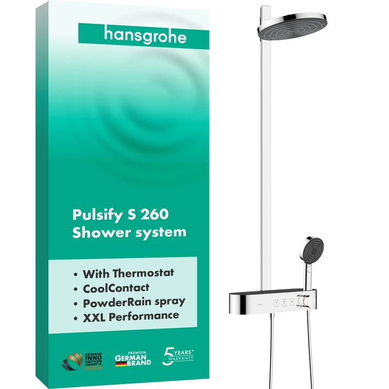 hansgrohe Pulsify S - Shower System with Thermostatic Shower Mixer, Head Shower 260mm, Shower Set with Shower Head, Hose, Shower Rail, Rainfall Shower Head with 2 Sprays, Chrome, 24240000