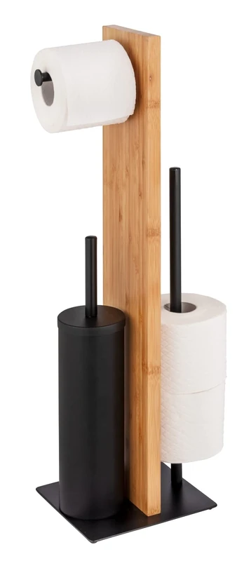 WENKO Lesina stand made of bamboo and black lacquered steel, combination set, toilet paper and replacement roll holder, silicone toilet brush head, 18 x 69 x 18 cm, natural