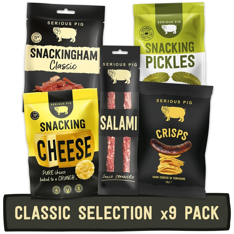 Serious Pig Classic Selection Box Gourmet Snack Hamper with Cheese Salami Pickles Crisps (9 Packs)