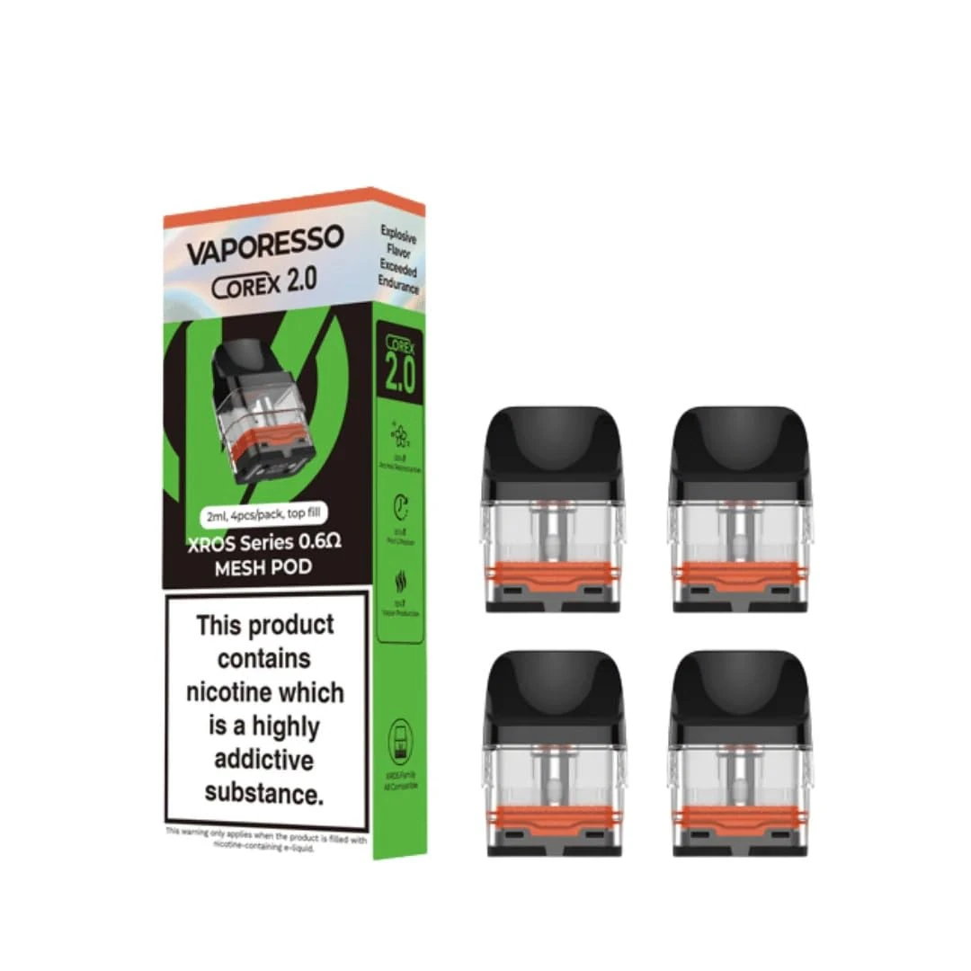 Vaporesso Xros Replacement Pods, 0.6 Ohm, Integrated Coils, Corex 2.0, Compatible with Xros3, Xros3 Mini, Xros4, Xros4 Mini, Xros5, Xros5Mini, Vaporesso Vaping Pods, Refillable, Pack of 4, No Nicotine