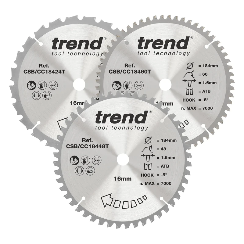 Trend Wood Cordless Mitre Saw Blades, 184mm Diameter, 16mm Bore, 24/48/60 Teeth, 1.6mm Kerf, -5° Hook, TCT, Medium/Fine/Extra-Fine Finish, 3 Pack, CSB/CC184/3PK