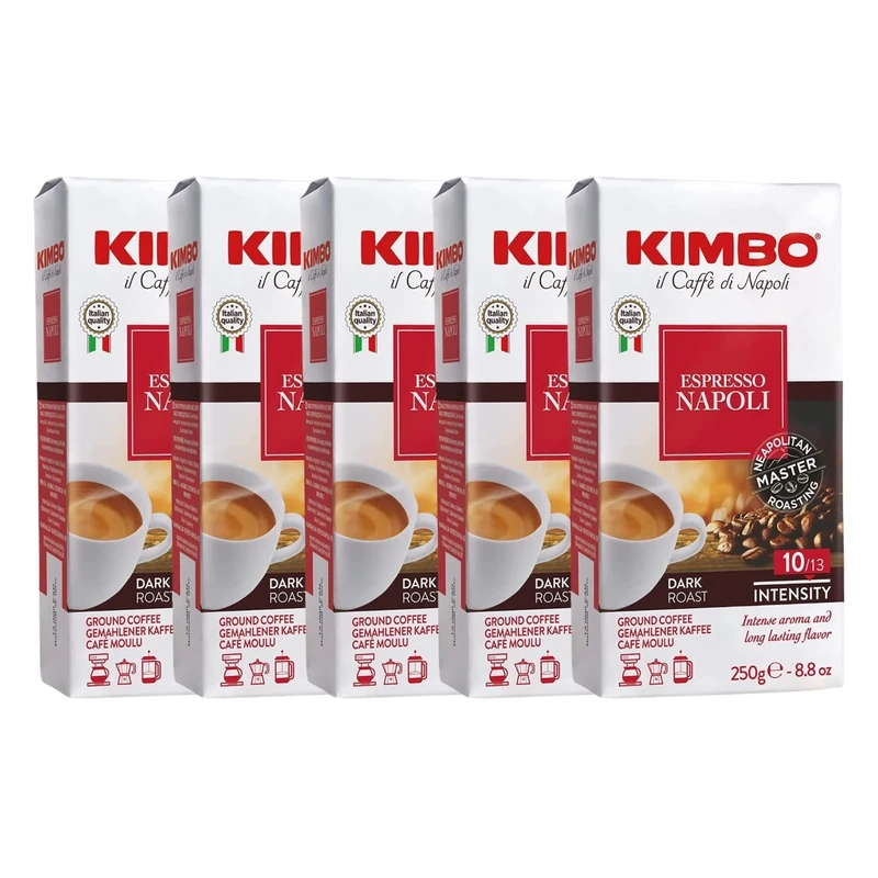 Kimbo Coffee Espresso Napoli Ground 5 x 250g | Italian Medium Dark Roast Ground Coffee | For Coffee Machines, Moka Pots & Cafetieres | Roasted in Naples Italy