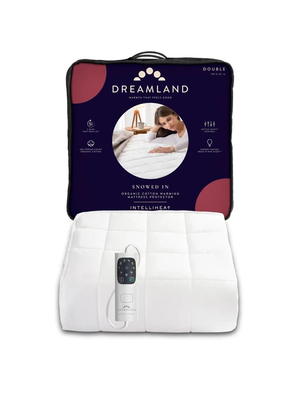 Dreamland Electric Mattress Protector Double Size – Snowed In Organic Cotton, Fitted Sheet style, Fast Heat-Up, Timer with 6 Heat Settings, 1 x Detachable Controller, Machine Washable, 190 x 137cm