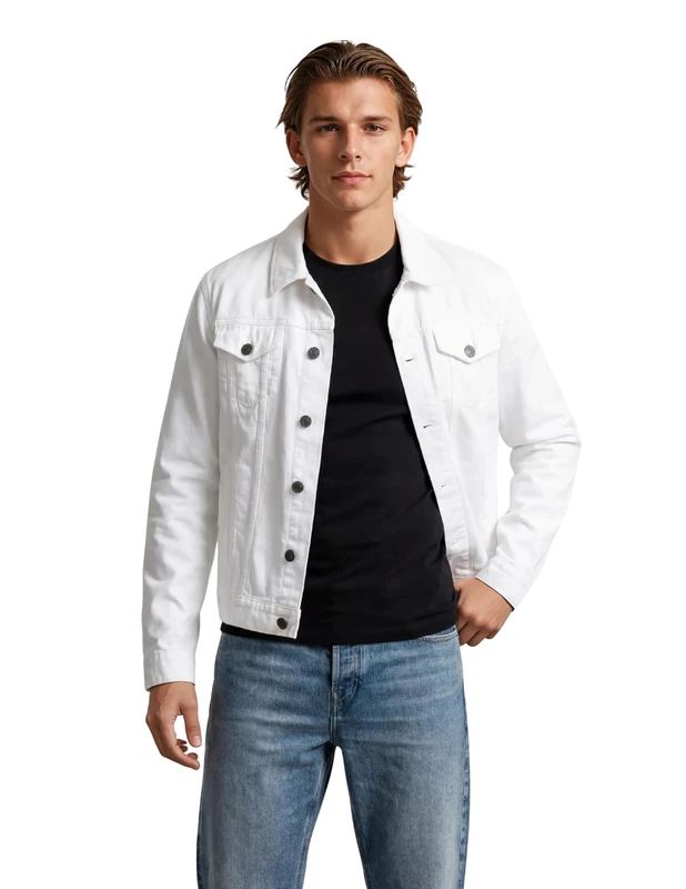 X RAY Mens Denim Jacket, Washed Ripped Distressed Flex Stretch Casual Trucker Biker Jeans Jacket for Men, White, L