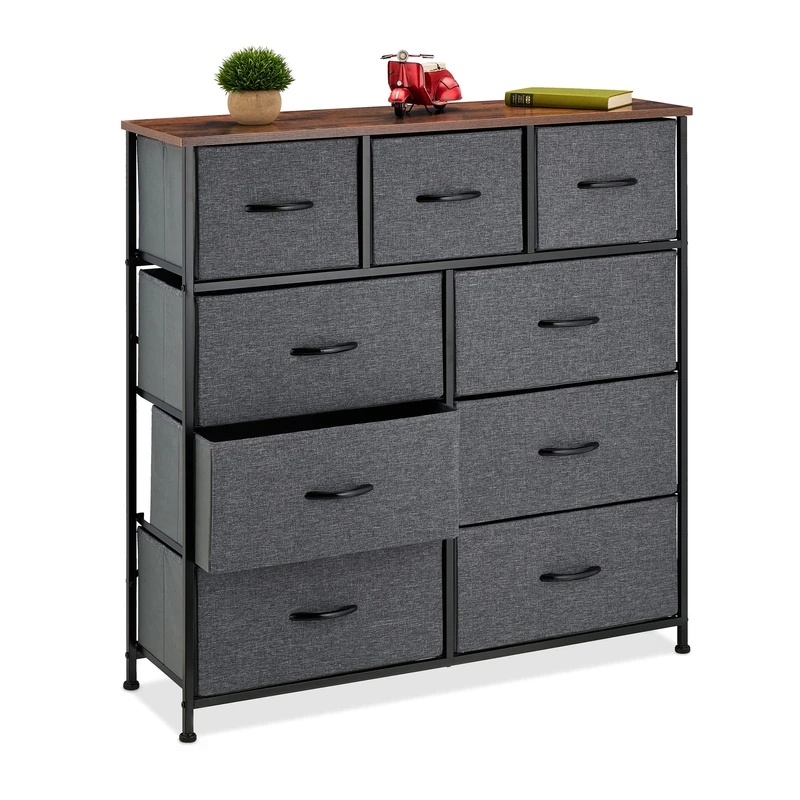 Relaxdays Chest of Drawers, Metal, 9 Fabric Compartments, Shelf in Modern Wooden Look, HWD: 100x100x30 cm, Grey/Brown
