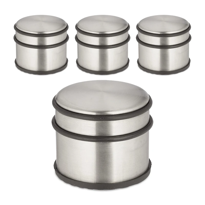 Relaxdays Set of 4 Door Stoppers, Stainless Steel, HxØ: 7.5 x 9 cm, High & Heavy, Non-Slip, Slam Brake, Silver/Black - Image 1