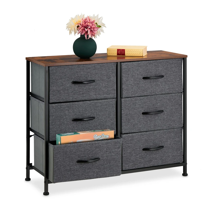 Relaxdays Chest of Drawers, HWD: 63x80x30 cm, Metal, 6 Fabric Compartments, Shelf in Modern Wooden Look, Grey/Brown