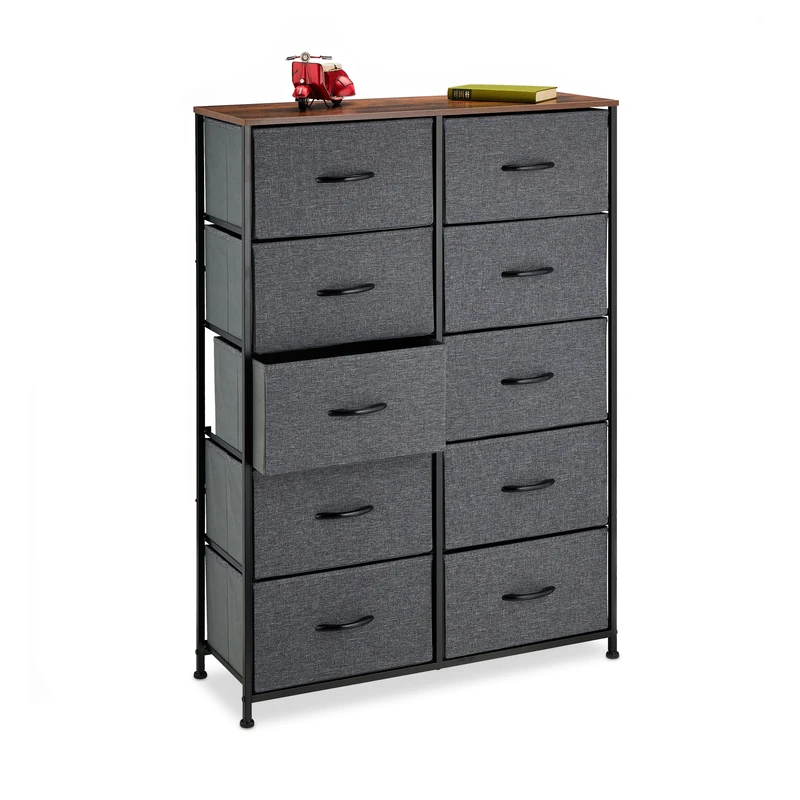 Relaxdays Chest of Drawers, HWD: 120x85.5x30 cm, Metal, 10 Fabric Compartments, Shelf in Modern Wooden Look, Grey/Brown