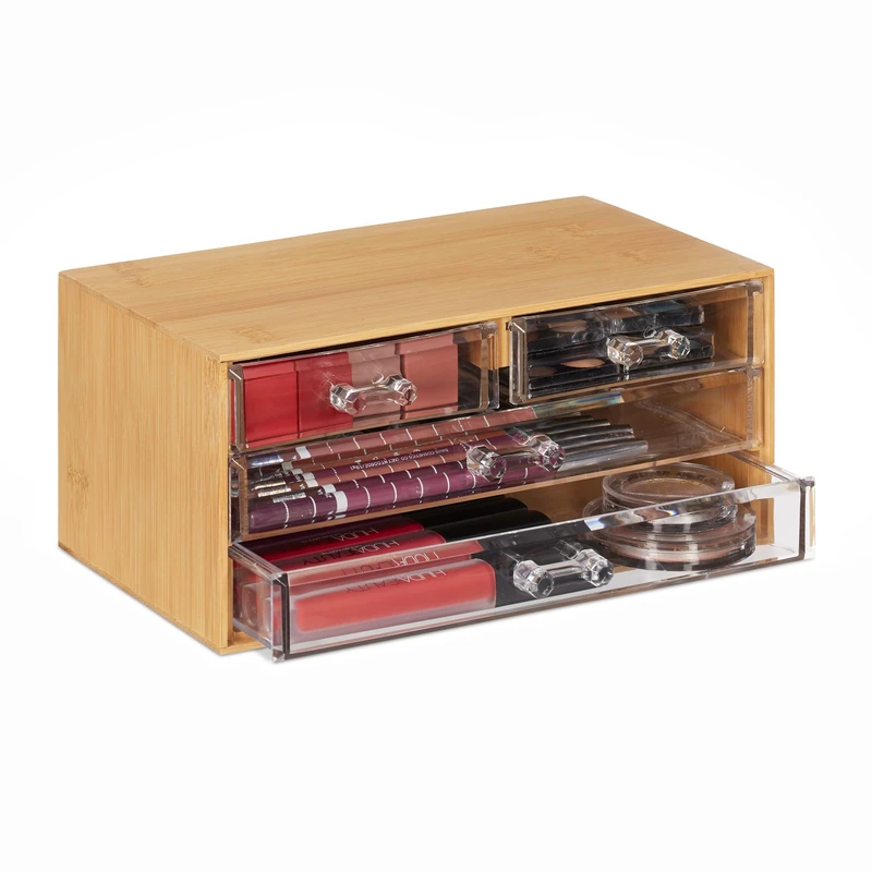 Relaxdays Make-up Organiser, 4 Drawers, Storage B-x, Bamboo & Plastic, Versatile, 11 x 23.5 x 15 cm, Transparent/Natural