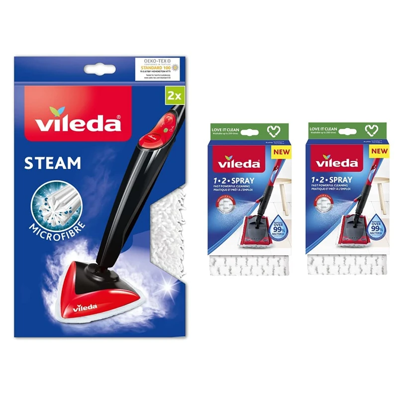Vileda Steam Mop Refill Pads, Pack of 2 & 1-2 Spray Microfibre Pads Refill Mop Head Replacement Set for Ultramax and Spray Mops Refills, (Pack of 2), White