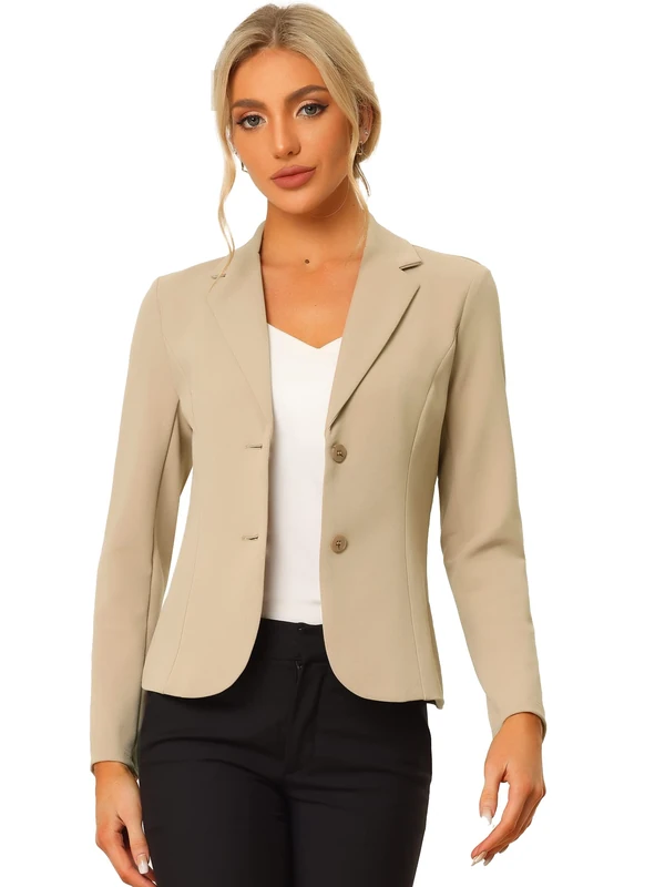 Allegra K Women's Work Office Blazer Stretch Lapel Collar Long Sleeve Jacket Suit Blazer, Khaki, L