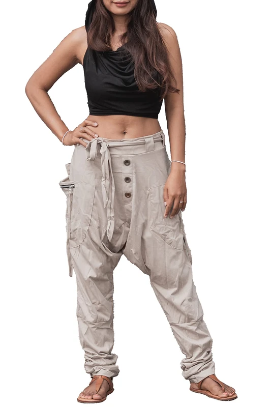 Thaluta Women's Harem Loose Yoga Travel Lounge Pants with Pockets Casual Boho, Beige, One Size