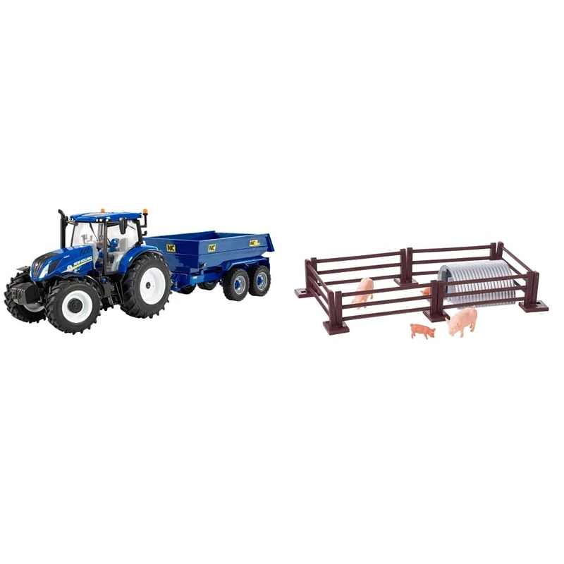 Britains New Holland T6 Tractor With Trailer Playset, Collectable Tractor Toy, & 1:32 Pig Pen Farm Playset, Collectable Farmyard Animal Toys, 43140A1