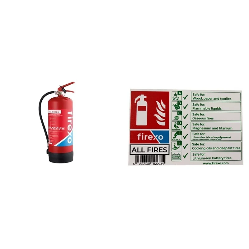 Firexo 9 Litre 7 in 1 Fire extinguisher for ALL FIRES inc. Li-ion Battery Fires! Easy to use at Office, Restaurant, Warehouse. & White Extinguisher Safety Sign for ALL FIRES Extinguisher