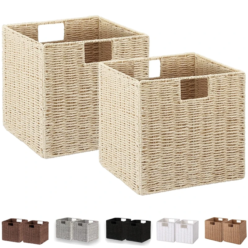 Vagusicc Wicker Storage Baskets, Set of 2 Hand-Woven Paper Rope Foldable Cube Bins Organizer, 11 Inch Square for Shelves Pantry Organizing Decor, Beige