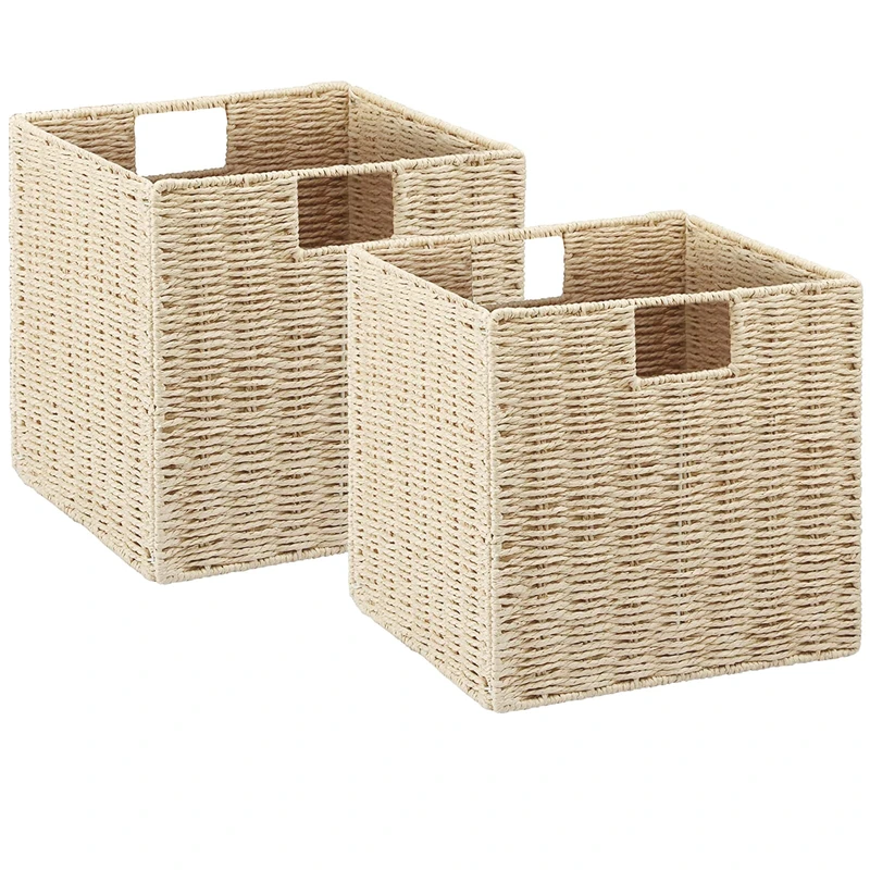 Vagusicc Wicker Storage Baskets, Set of 2 Hand-Woven With Handles, Foldable Cube Organizer 9 Inch for Shelves, Pantry, Bedroom Decor - Beige