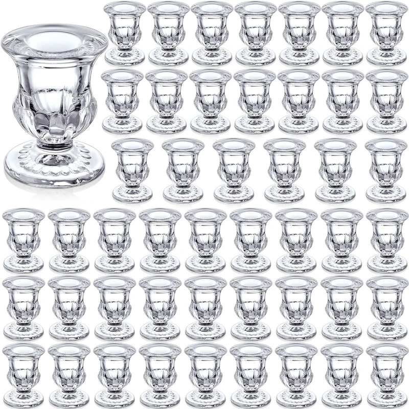48 Pieces Glass Taper Candle Holders 2.5 Inch Clear Glass Taper Candlestick Holders Bulk Elegant Glass Candle Holders for Table Centerpiece Wedding Christmas Thanksgiving Party Decor (Clear)