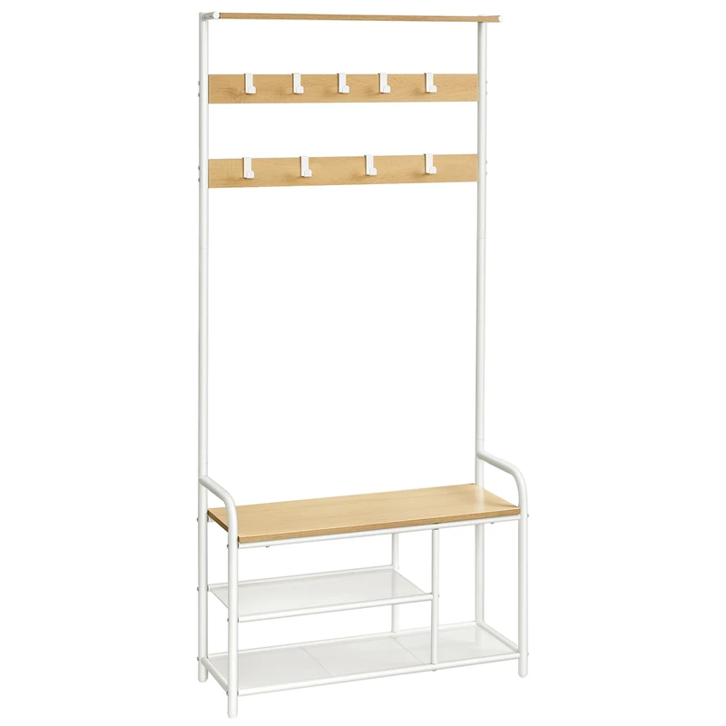 VASAGLE Coat Rack Stand, Hall Tree with Bench and Shoe Storage, 9 Removable Hooks, Shoe Rack, Shelf, 30 x 85 x 180.5 cm, for Hallway, Bedroom, Apartment, Modern, Oak and White HSR409W09