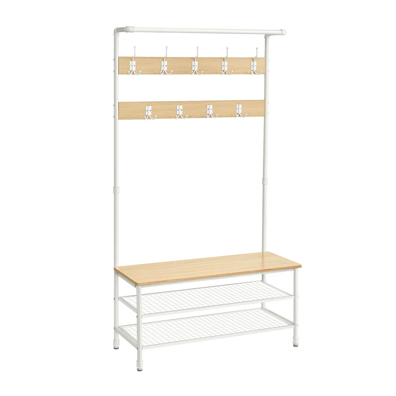 VASAGLE Coat Rack Stand, Large Hall Tree with Bench and Shoe Storage, 9 Hooks, Shoe Rack, Hanging Rail, 41.5 x 100 x 182 cm, for Hallway, Living Room, Bedroom, Oak and White HSR047W09