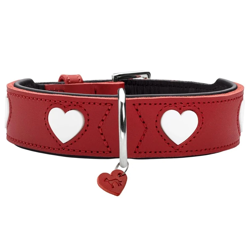 HUNTER Love Dog Collar Colour: Red/Black, Soft, Robust Cowhide Leather, Individually Sewn-in Hearts, Handmade, High, Particularly Soft, Made in Germany, Size 55