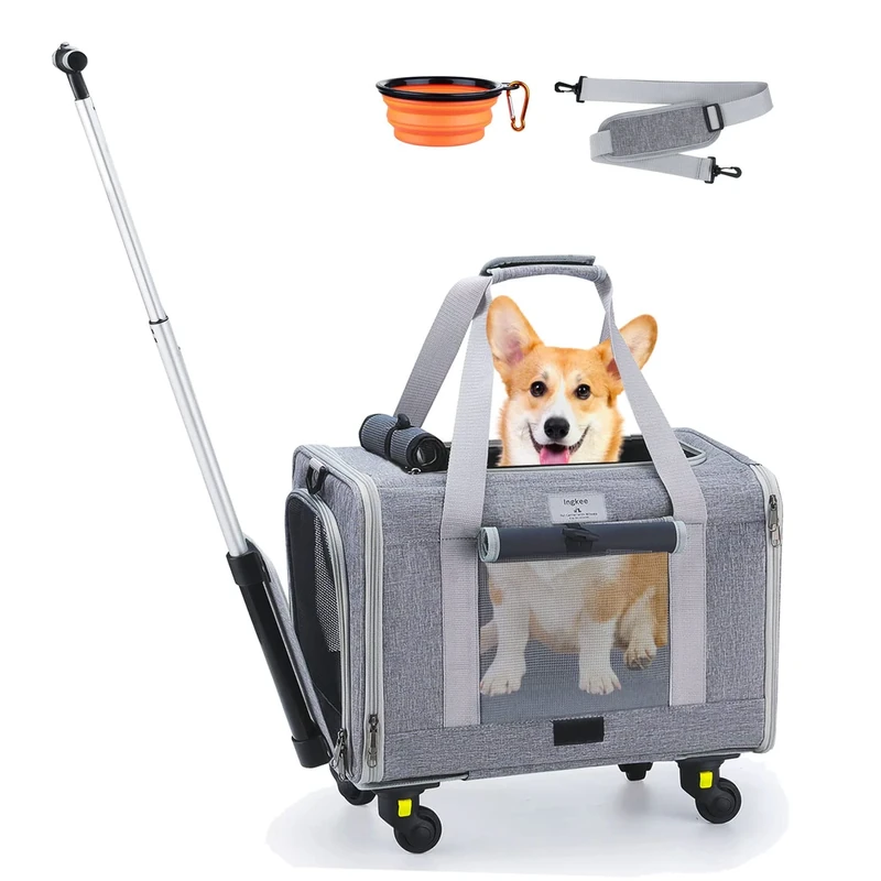 Ingkee Dog Carrier with Wheels, Airline Approved Outdoor Rolling Pet Carrier with Telescopic Handle and Shoulder Strap for Travel, Grey