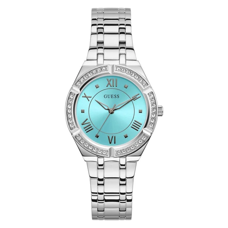 GUESS Silver-Tone and Teal Crystal Analog Watch, Silver, One Size, Cosmo