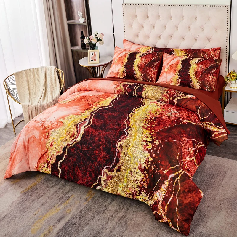 PERFEMET 6 Pcs Comforter Set Queen Size Orange Watercolor Mable Printed Bedding with Comforter and Sheets Aesthetic Artwork Style Bed in a Bag for All Season(Orange, Queen)