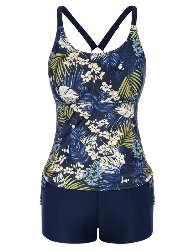 Women Adjustable Strap U Neck Drawstring Swimsuits Two Piece Tankini with Removable Bust Pads Dark Blue Palm Leaves XXL