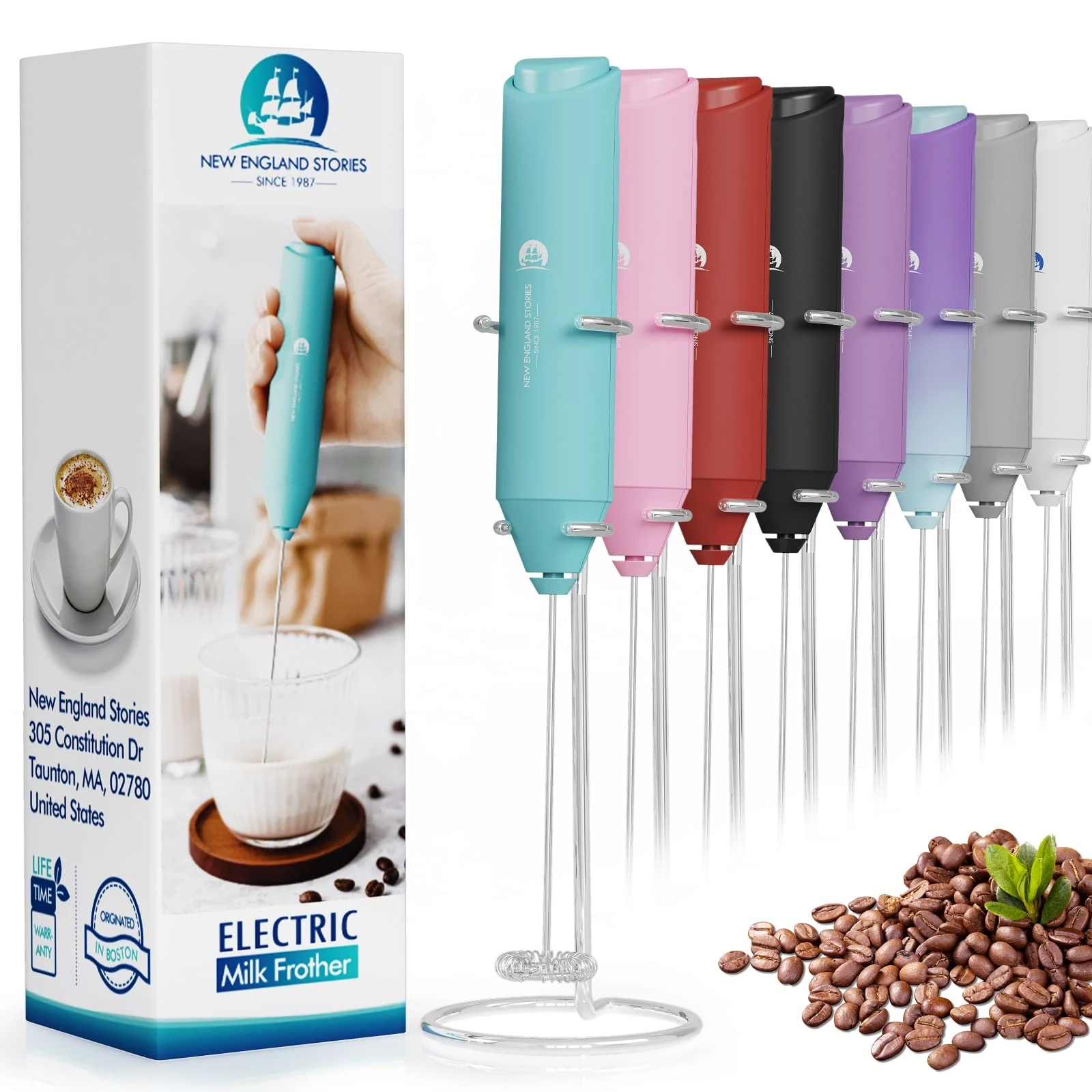 Electric Milk Frother Handheld, Battery Operated Whisk Beater Foam Maker for Coffee, Cappuccino, Latte, Matcha, Hot Chocolate, Mini Drink Mixer, With Stand, Aqua