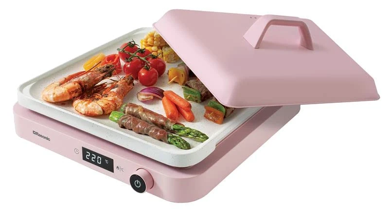 Rasonic Portable Compact Induction Hob Single Hot Plate Cooker with Grill Plate and Cover, Knob Control, 2100W Electric Hob Cooktop 10 Power Levels Temperature Control, 1 min to 8-hour Timer, Pink