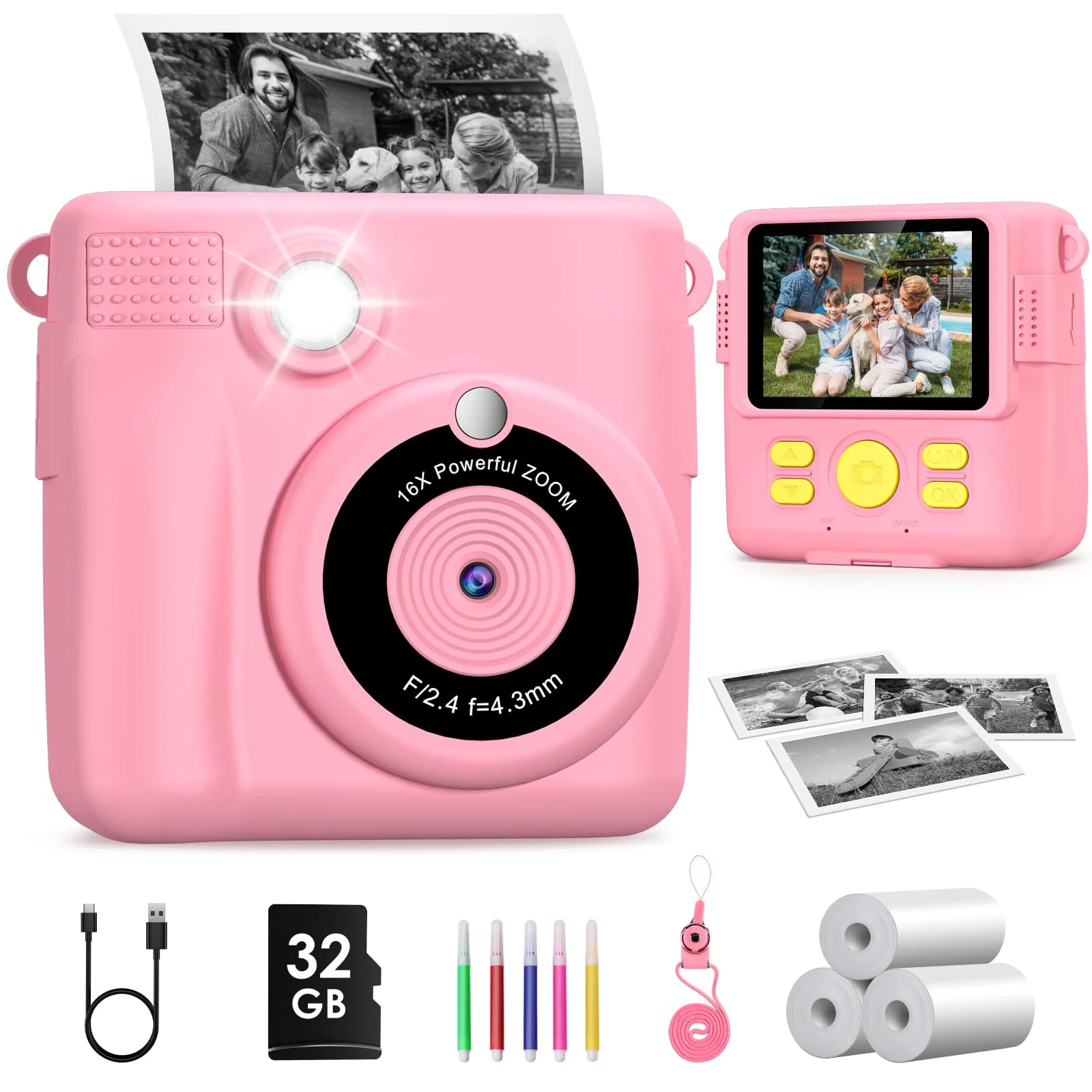 GREENKINDER Kids Camera Instant Print, 2.4'' Instant for Kids with 32GB Card & 3 Rolls Print Paper, 1080P HD Kids Digital Camera, Birthday Kids Toys Gifts for Boys & Girls Age 3-12
