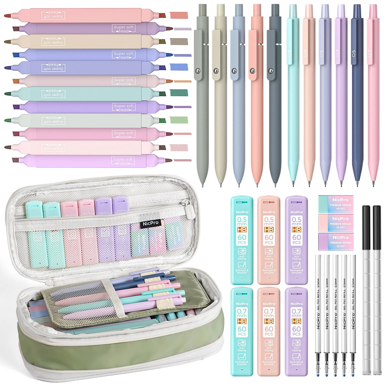 Nicpro 39 PCS Aesthetic School Supplies with Big Capacity Pen Case, 12 Color Pastel Highlighters, 5 Quick Dry Retractable Black Ink Pens, 6 Pastel Mechanical Pencil 0.5 & 0.7 mm for Student Stationary