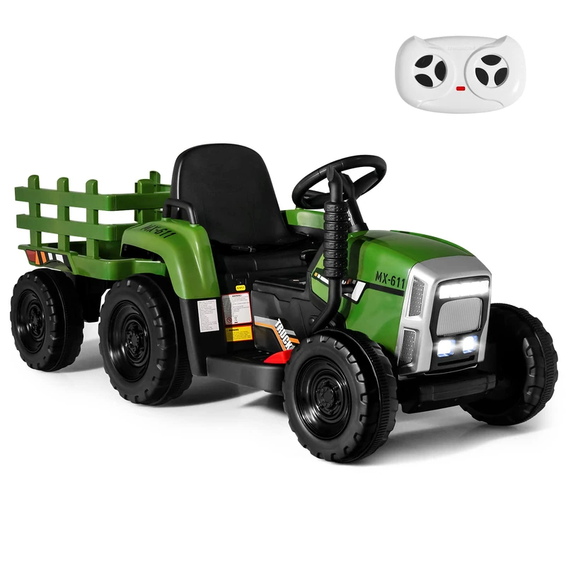 GYMAX Kids Electric Tractor with Detachable Trailer, LED Lights, Music, Horn, USB & Bluetooth, 12V Battery Powered Ride on Car for 3 Years Old + Boys Girls (Dark Green)