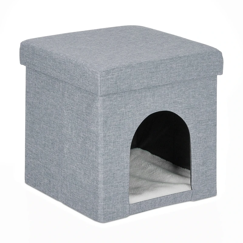 Relaxdays, Stool & Pet Cave, for Cats & Small Dogs, H x W x D : 38.5 x 37 x 37 cm, Polyester, MDF, Grey, Fibreboard