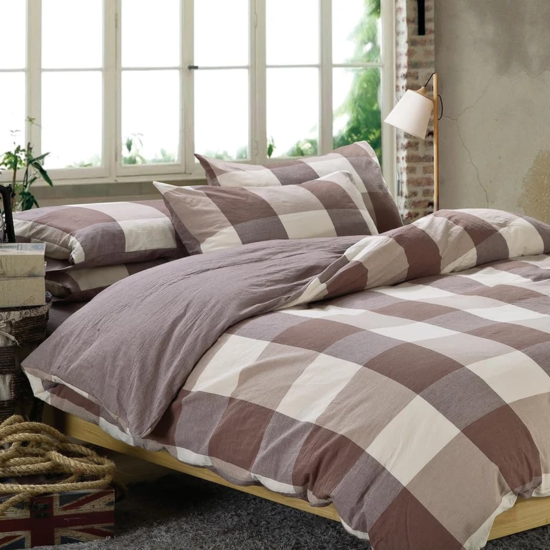 NSNLGSGC Khaki Plaid Cotton Duvet Cover Set Twin, Rust Buffalo Checkered Washed Cotton Bedding Set,Caramel Plaid Durable & Breathable Comforter Cover Set(2PCS, Twin)