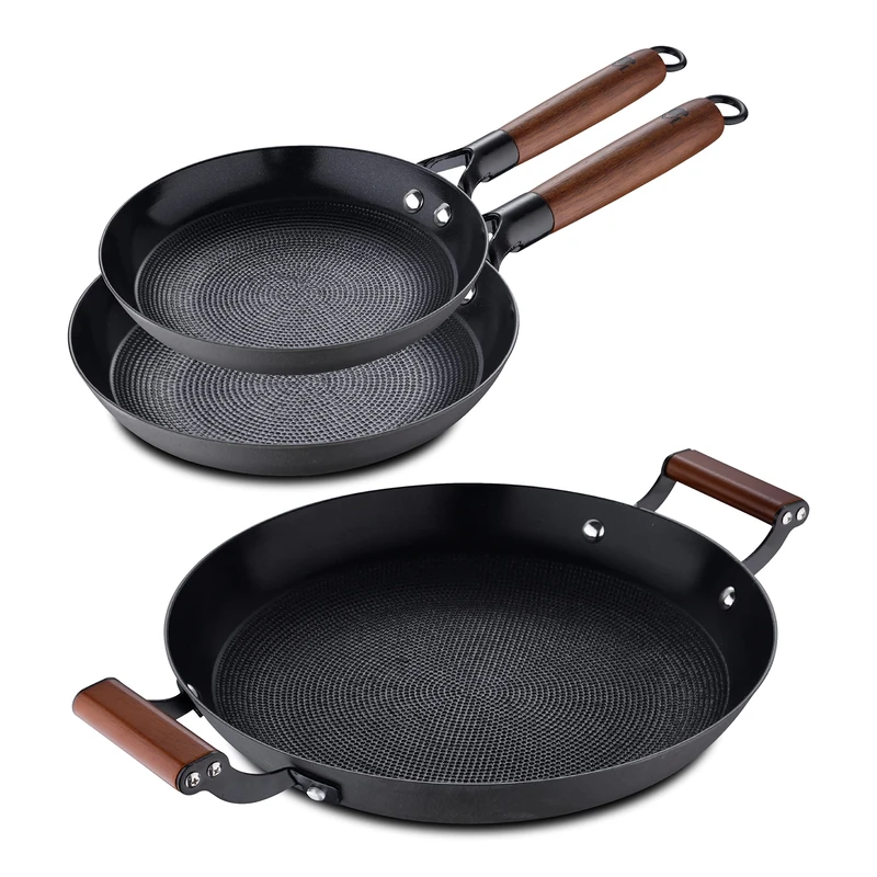 MasterPRO Odín Juego de sartenes antiadherentes 20 y 24 y placa de parrilla de 28 cm, de Hierro prensado, Mango ergonómico de Madera de Acacia, utensilios de cocina, para todo tipo de fuegos - Image 1