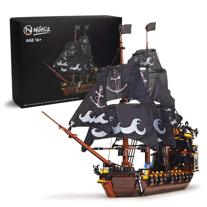 Nifeliz Pirate Ship Clamping Blocks, Black Pirate Ship Sailing Ship Construction Toy, Pirate Gift for Adults and Teenagers (1334 Pieces)