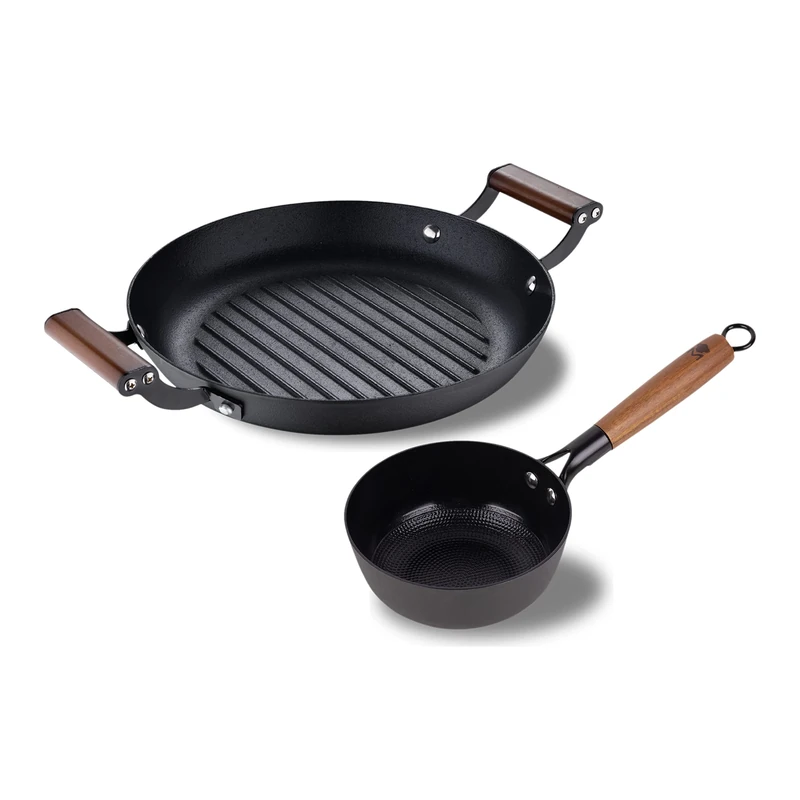 MasterPRO Odín Saucepan 16 cm and Grill Plate 28 cm Made of Pressed Iron Ergonomic Acacia Wood Handle Kitchen Utensils for All Hobs