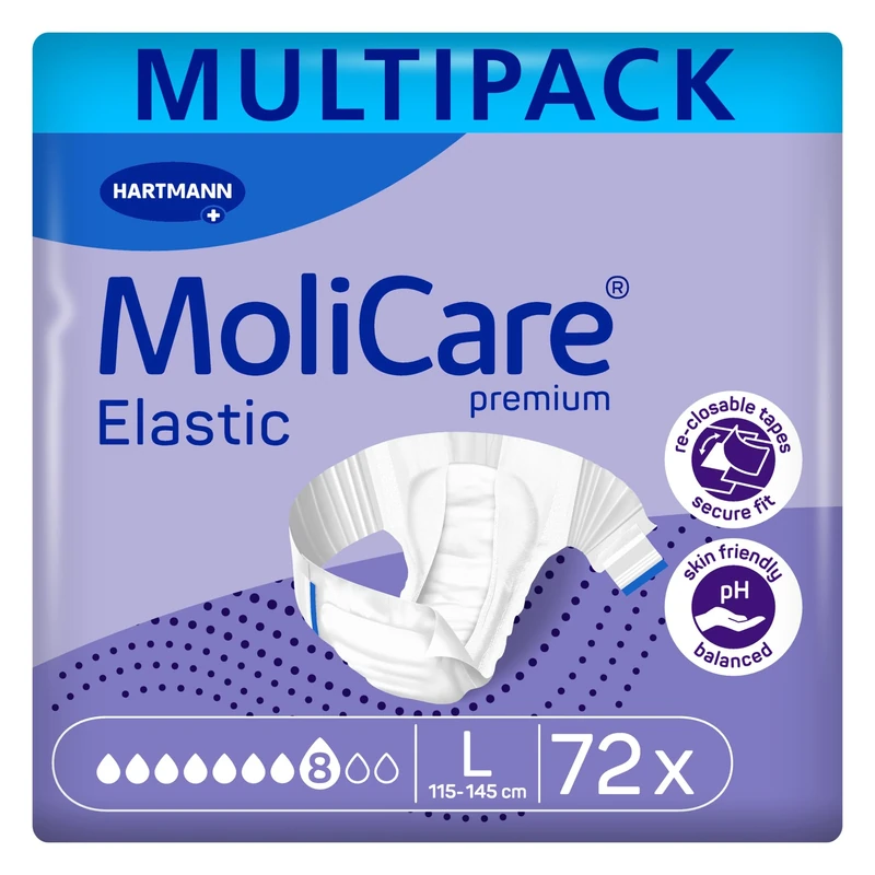 MoliCare® Premium Elastic Slip – 8 Drops Absorption | All-Round Leakage Protection, Ergonomic & Fast handling with Elasticated Panels | Size L, 3 Packs of 24 (72 Pieces)