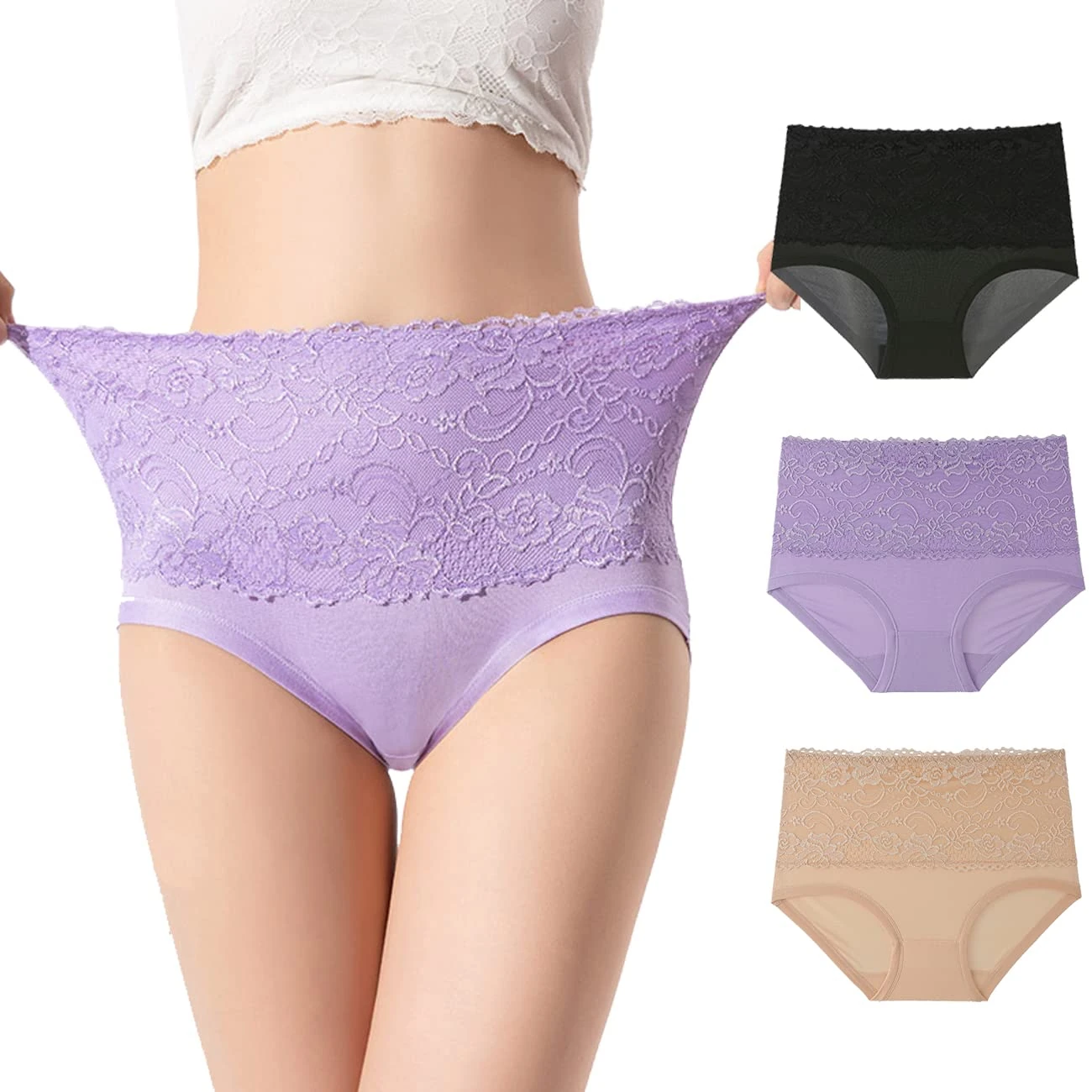 marysgift Ladies Full Briefs Womens Cotton Knickers with Lace Waistband Seamless High Leg Underwear Multipack (H04,XL UK 12 14)